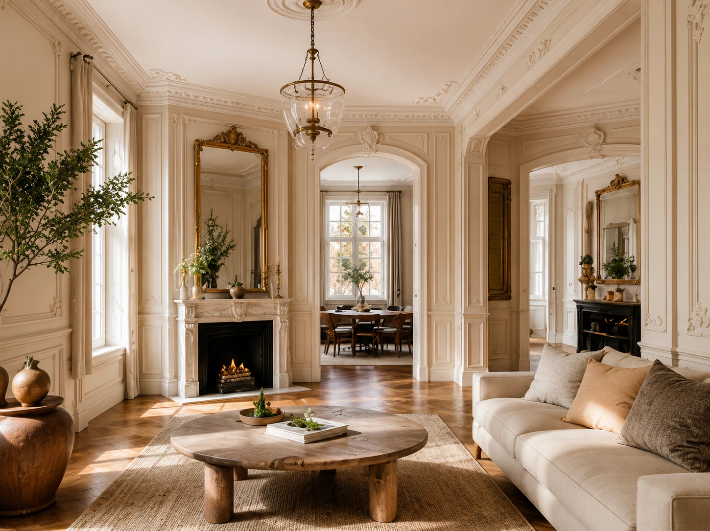 A grand restored interior with ornate ceiling moldings, crystal chandelier, and classical furnishings
